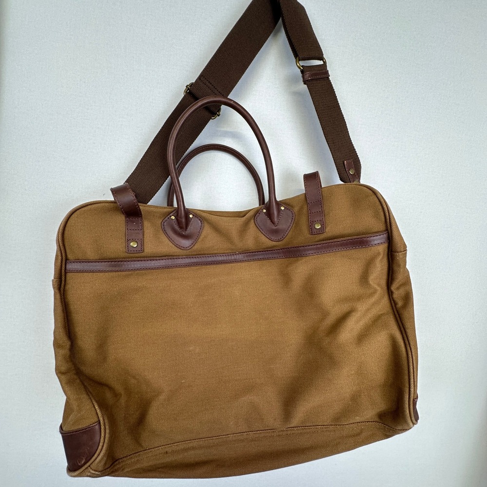 J.Crew Canvas Leather Weekender Duffel Brown Khaki Travel Bag OS - Picture 7 of 16